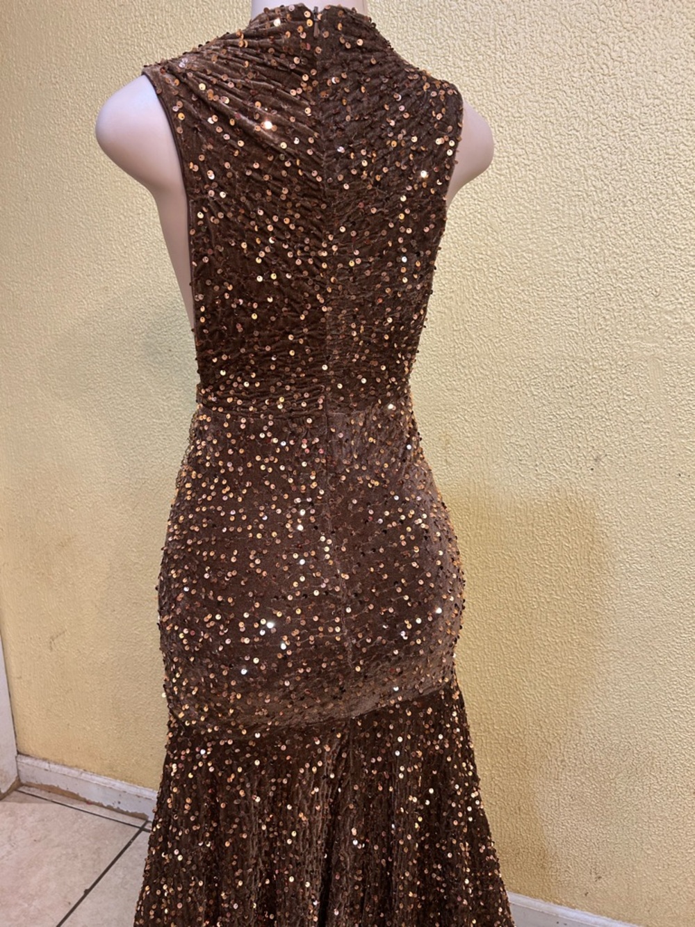 Backless Brown Sequin Evening Gown with Gold Embellishment - Picture 9 of 15